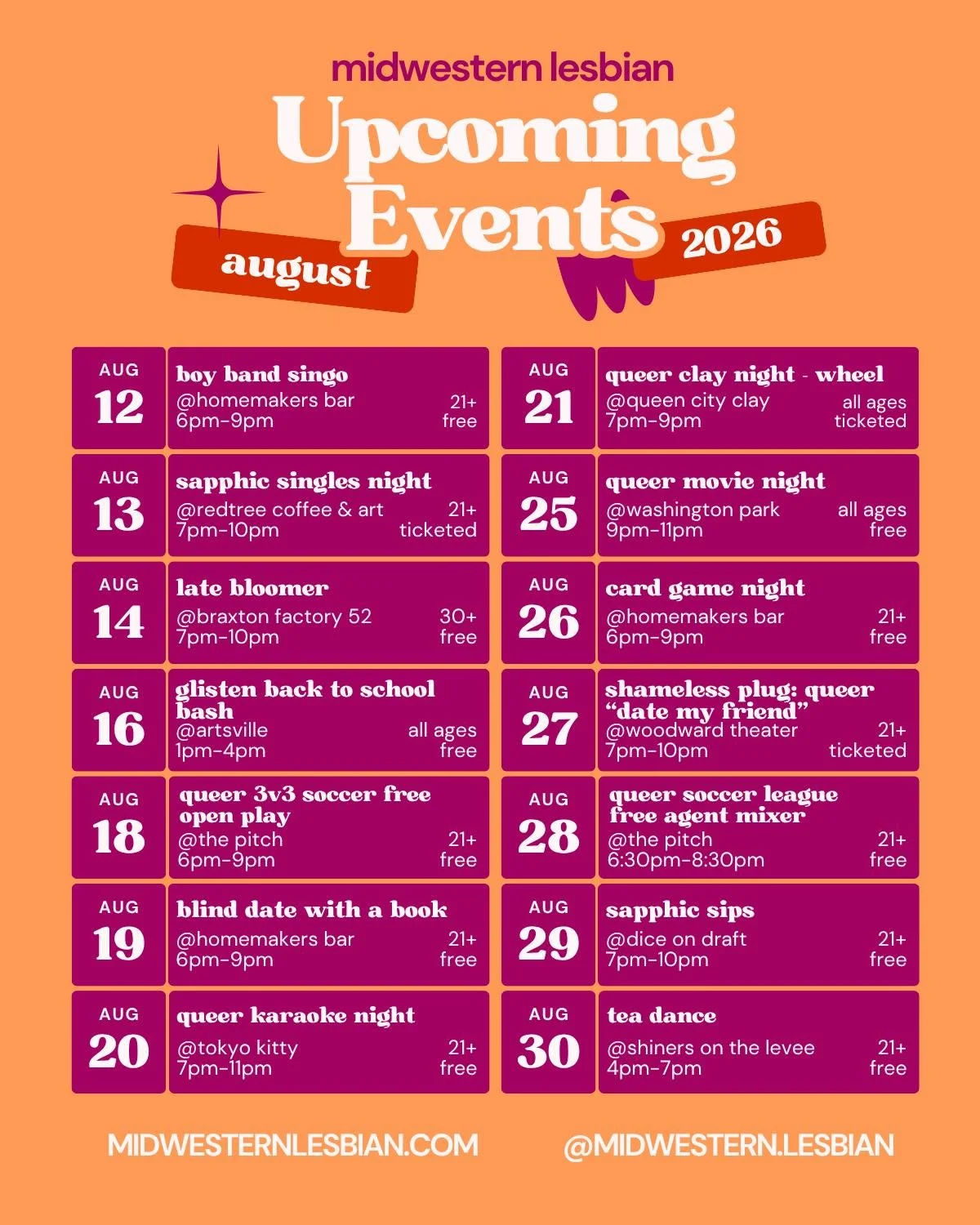 one of these days I'll get the calendar posted on the first 🤪
come hang out with us in august! 

#lgbtq #cincinnati #wlw #midwesternlesbian #events