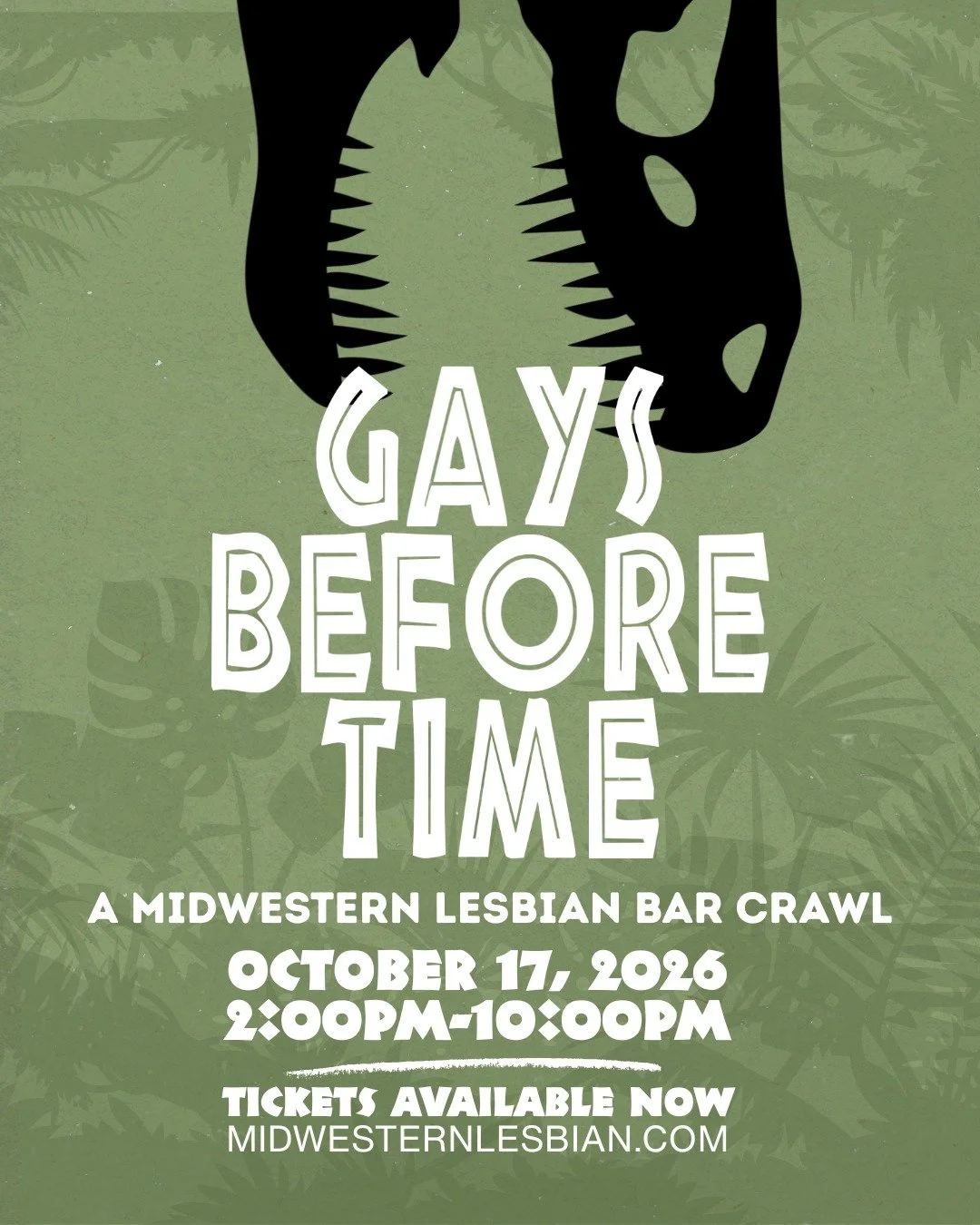 What do you call a lesbian dinosaur? 🦕
Gays Before Time, a jurassic LGBTQ+ bar crawl in Covington, Kentucky, brought to you by Midwestern Lesbian!! Our third annual Halloween bar crawl is back on October 17th starting at 2pm over the river in Coving