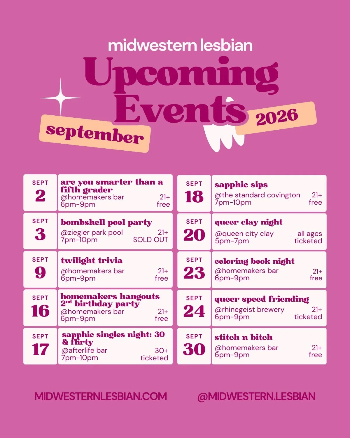 crazy to think that caitlin and i will be out of town for almost 2 weeks this month and we're still bringing the events!! 🥳
hope to see everyone out and about! 🌈

#lgbtq #cincinnati #wlw #thingstodoincincy #midwesternlesbian