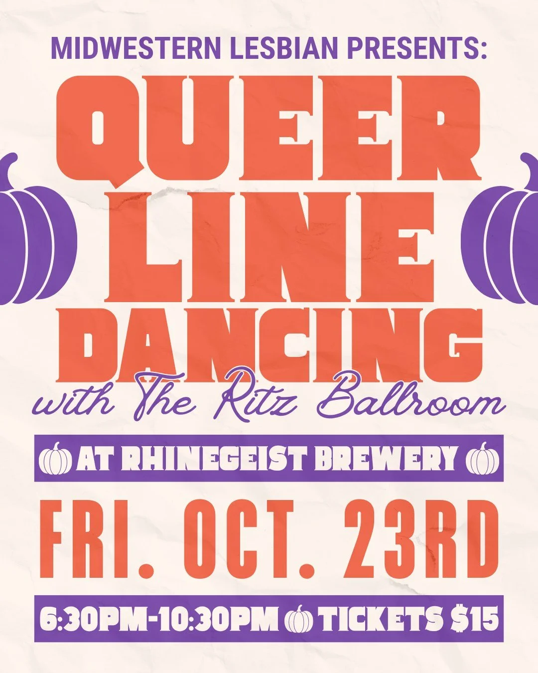 It's time to get boot scootin' spooky! 🎃
Join Midwestern Lesbian and @theritzballroom for a Halloween Queer Line Dancing Night at @rhinegeist on October 23rd from 6:30pm-10:30pm 👻 
Tickets get you a line dancing lesson to three songs with Bree star