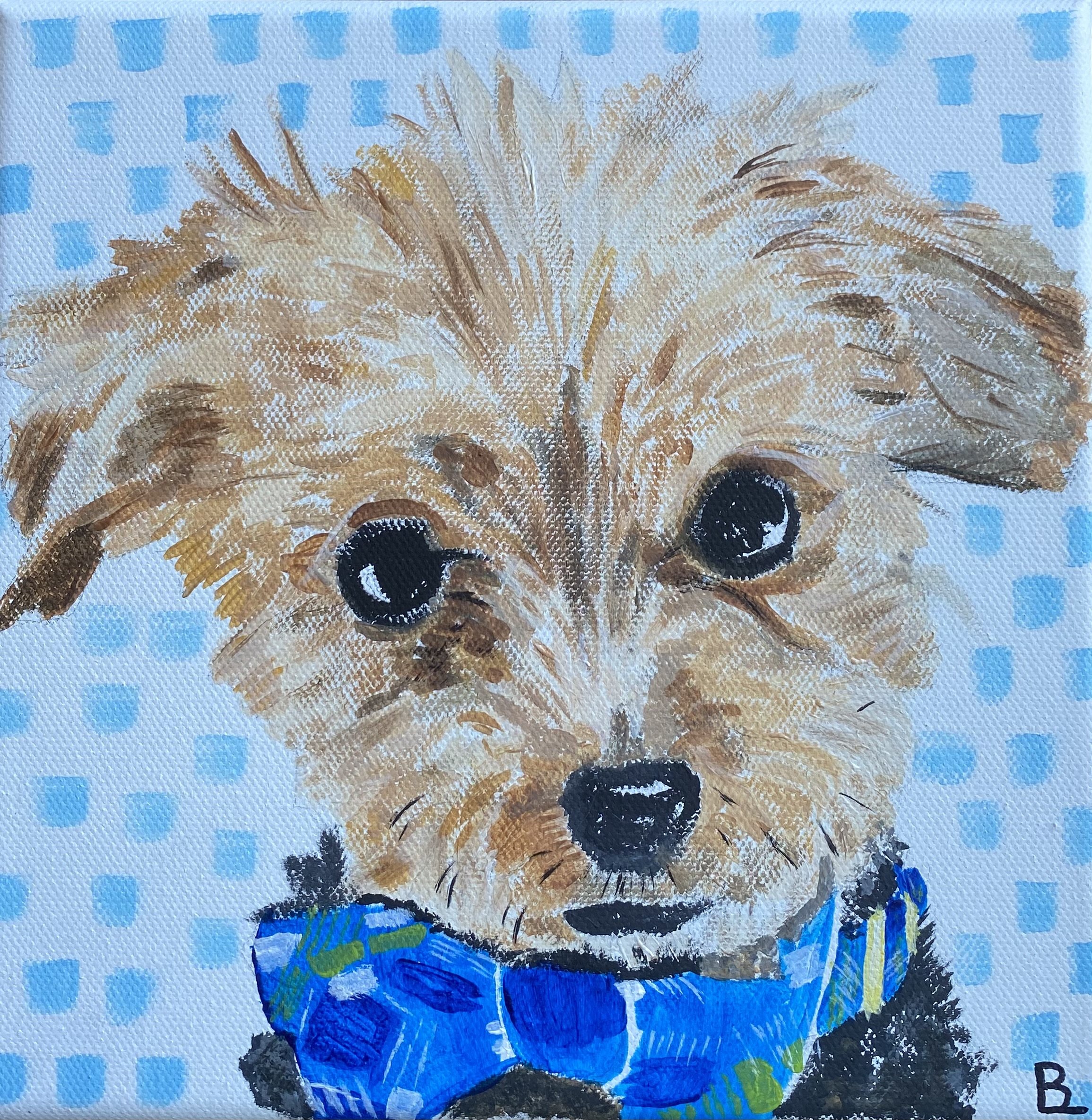 Painting of a small dog with fluffy fur and a blue bowtie against a blue checkered background.