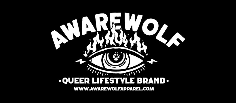 Awarewolf logo with an eye design above the text "Queer Lifestyle Brand" and website link.