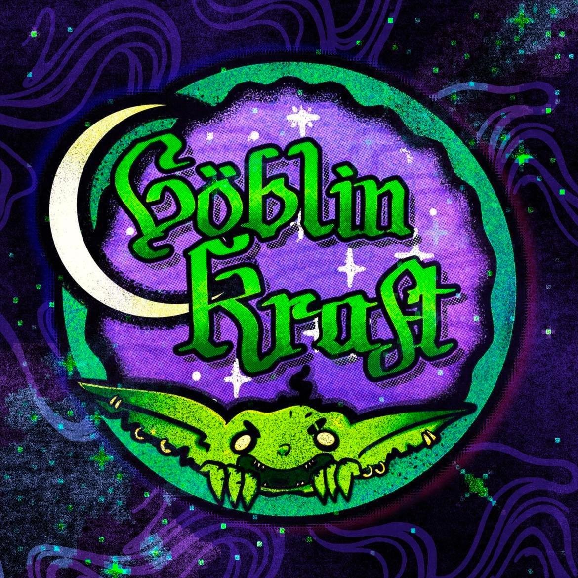 Illustration of "Goblin Kraft" text with a green goblin and crescent moon on a purple background
