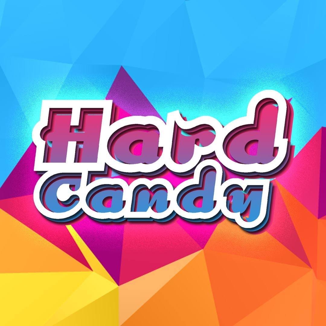 "Hard Candy" text with 3D effect over a colorful geometric background.
