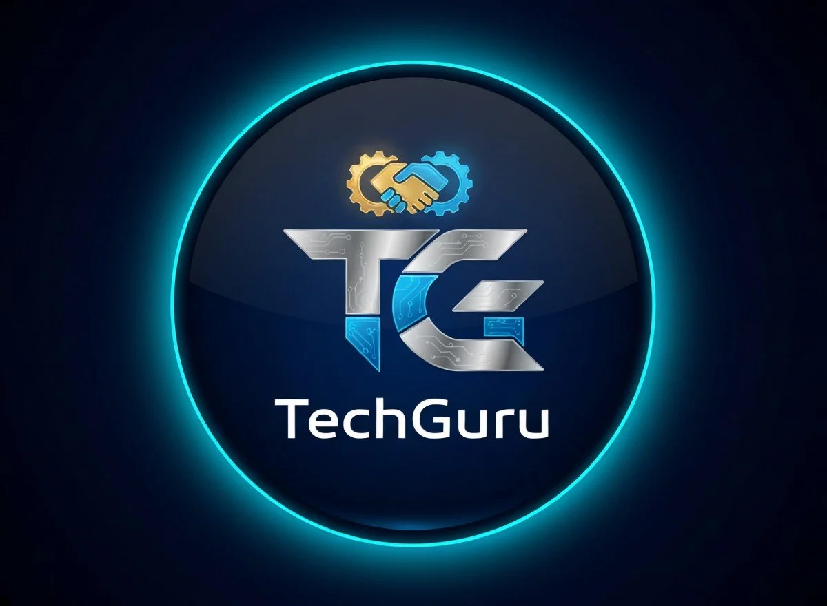 A digital logo with the text "TechGuru" underneath. The logo consists of stylized "T" and "G" letters with circuit patterns, and a handshake icon with gears above it. The logo is surrounded by a glowing blue circular outline on a dark background.