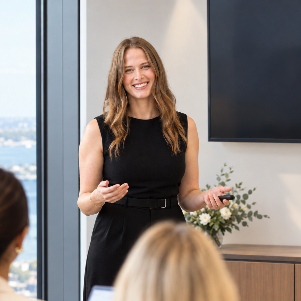 Woman in black dress giving a presentation in a conference room with a large window and a view of the city and water outside.