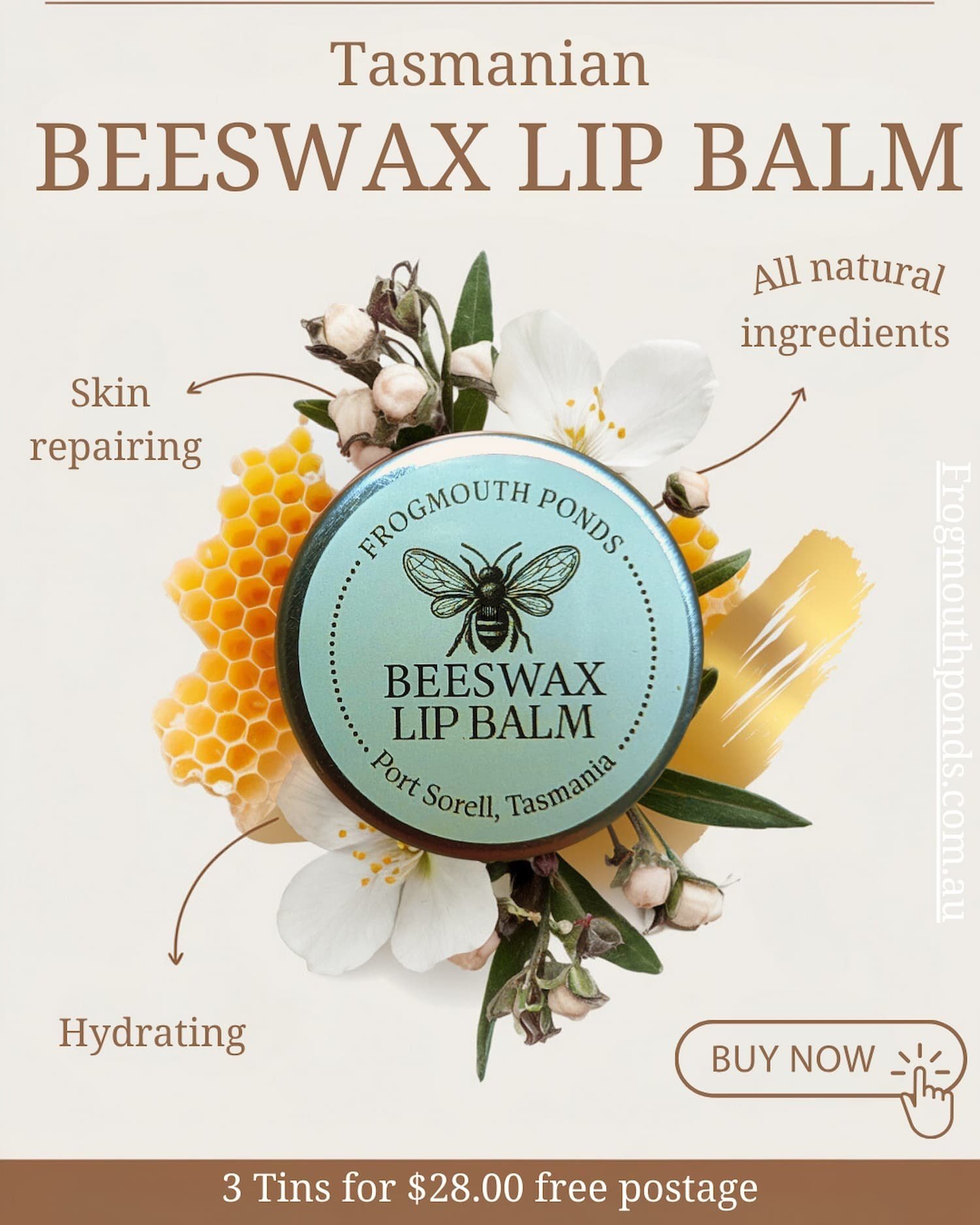 Pure beeswax lip balm in tins, handcrafted and displayed with a minimalist aesthetic, ideal for natural skincare