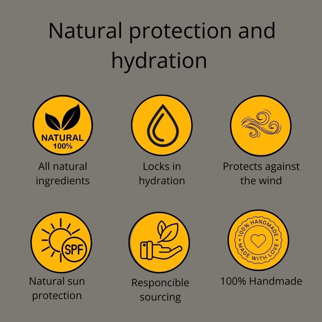Natural 100% All natural ingredients, Locks in hydration, Protects against the wind,Natural sun protection (SPF), Responsible sourcing, 100% Handmade Made with love