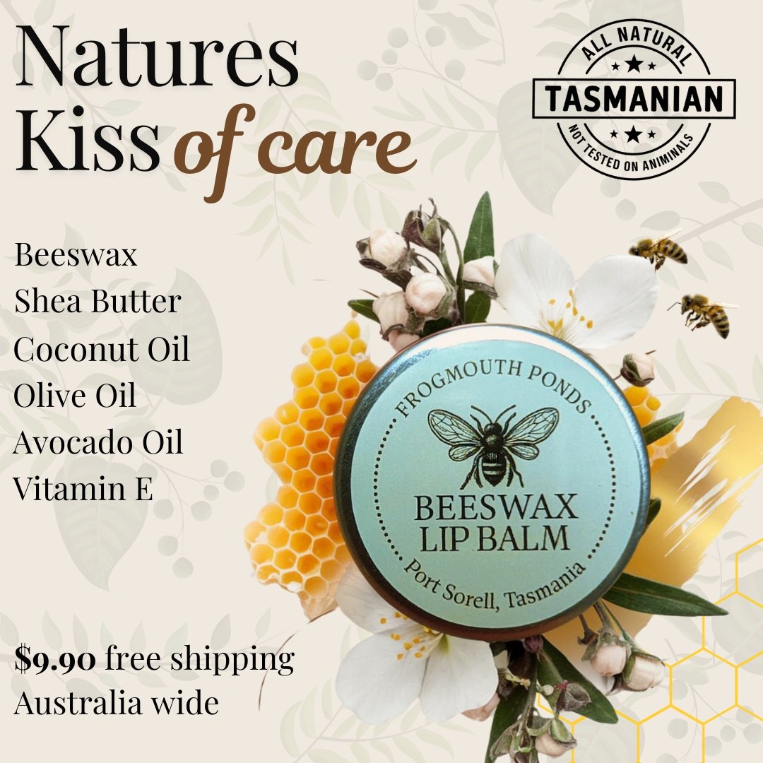 Shop eco-friendly Tasmanian beeswax lip balm at Frogmouth Ponds. Natural, sustainable lip care in a single tin!