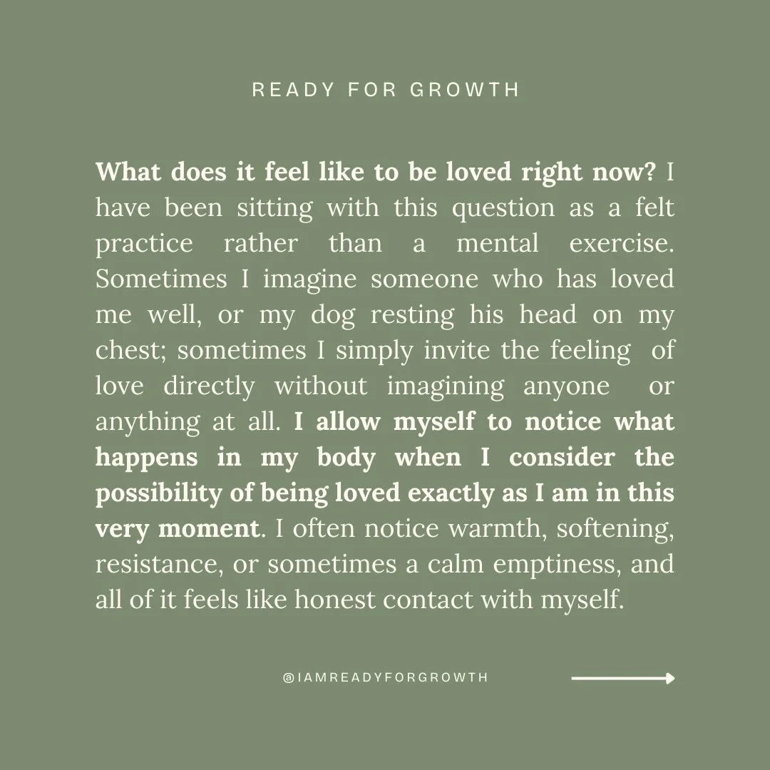 Try slowing down and allowing the feeling of being loved to suffuse you. You might imagine a partner, a pet or even a place you love to help with embodying this feeling.

Now ask yourself: is anything missing right now? 

Notice what comes up. There&