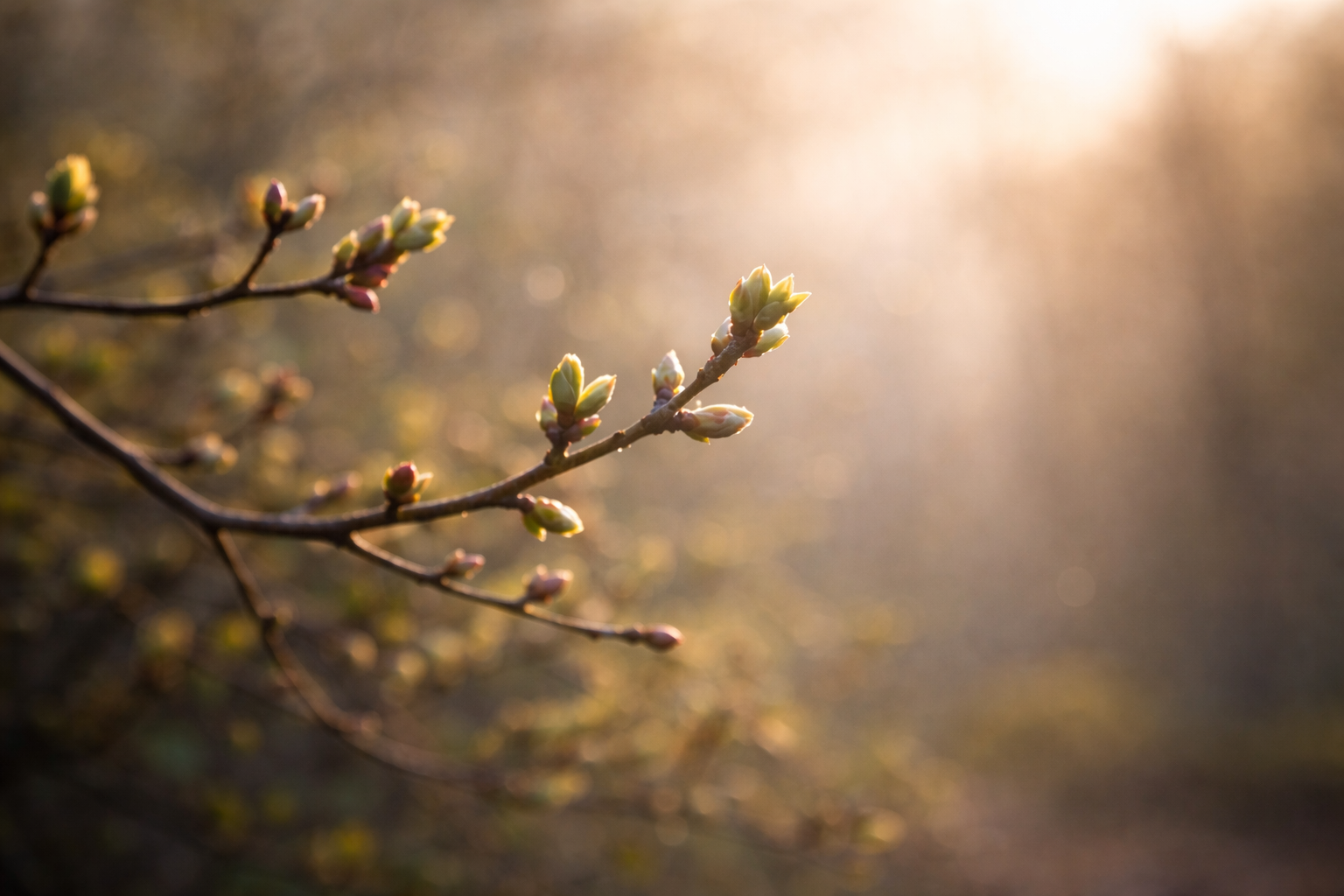 Close-up of a tree branch with budding leaves in soft, warm sunlight, blurred background.