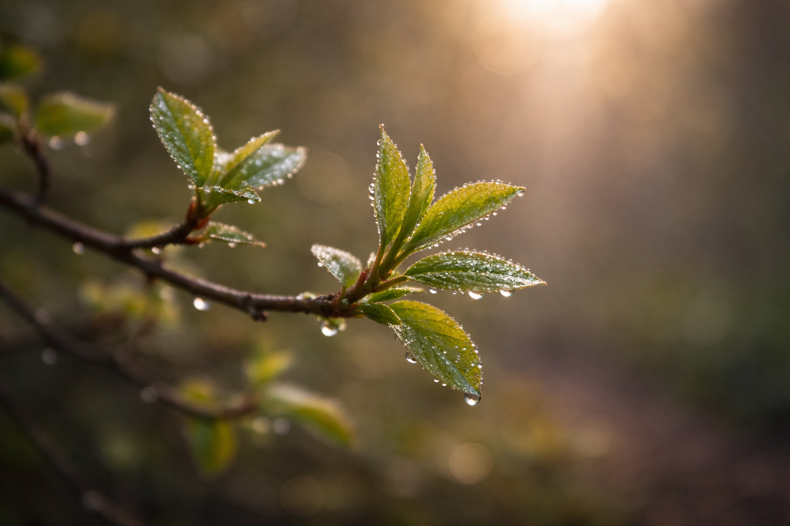 Close-up of green leaves covered in dew, with sunlight shining in the background.