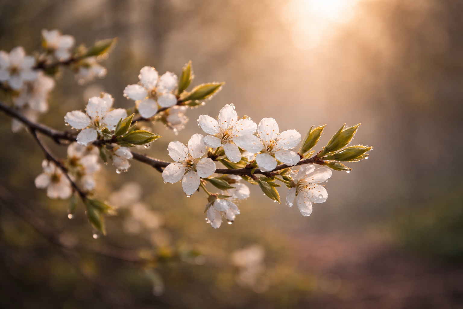 Close-up of a flowering branch with white blossoms and dewdrops, illuminated by warm sunlight.