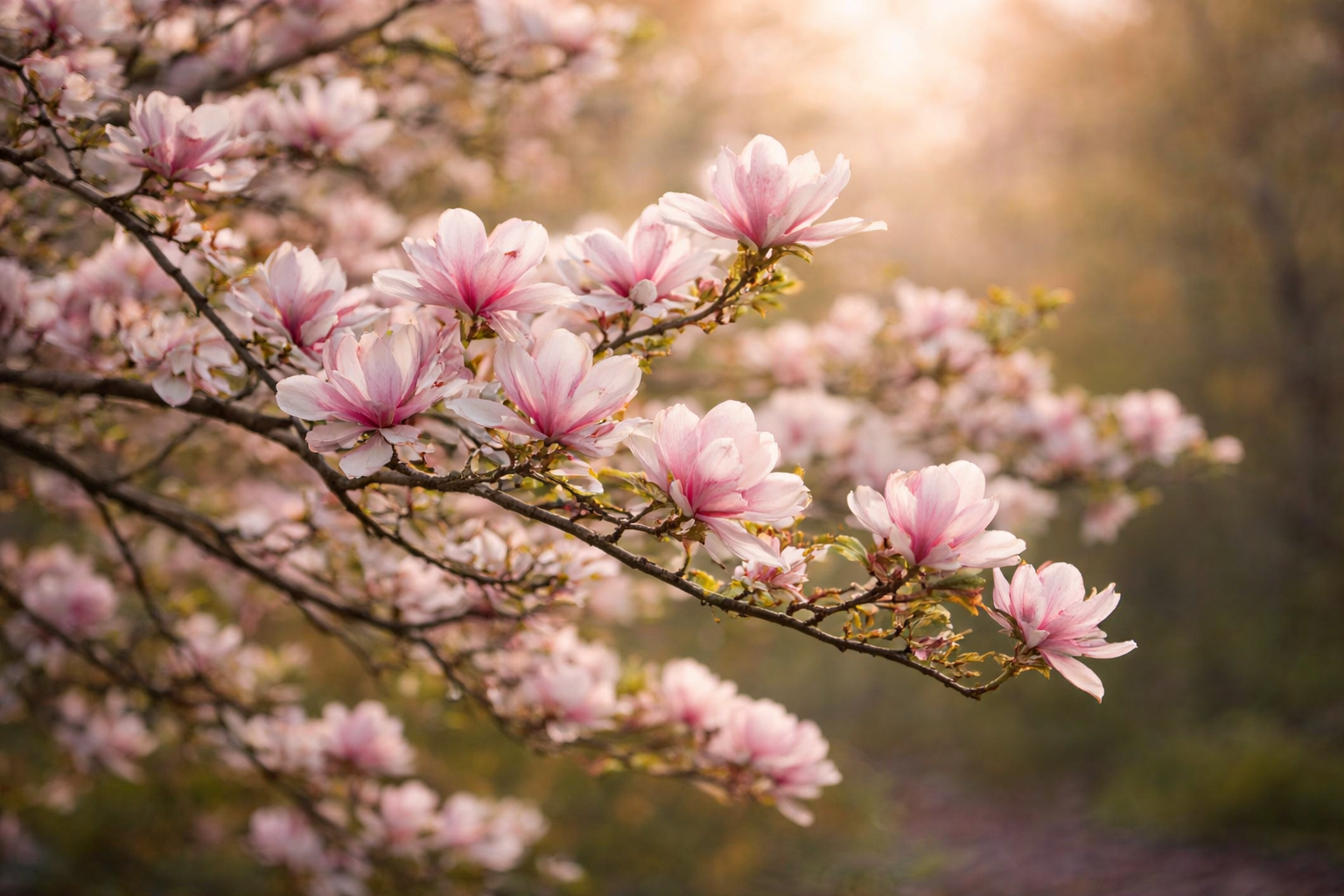 Branches of pink and white magnolia flowers blooming in a garden during spring, with sunlight in the background.