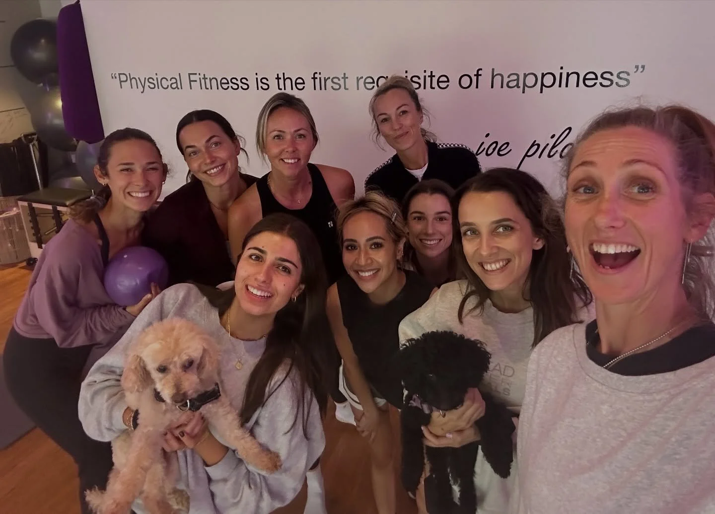Yesterday we farewelled @_bethpenney in the only appropriate way&hellip;.with Pilates, Pups and Bubbles. Thank you for the past 2.5 years of your unique sparkle and generosity. You have made all our lives better. Safe travels and we miss you already!