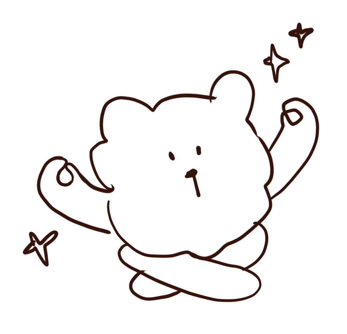 Cute, simplistic drawing of a bear with a cheerful expression, arms raised, surrounded by sparkles.