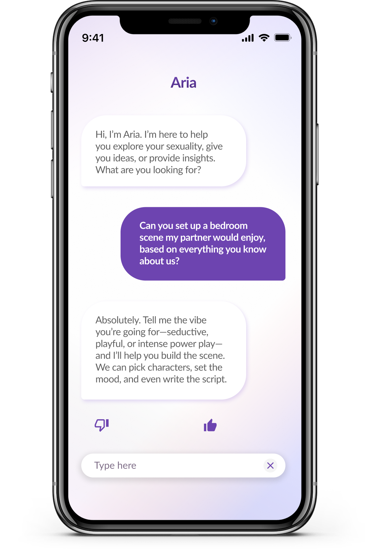 A smartphone screen displaying a chat conversation with an AI named Aria, who helps explore sexuality. The conversation includes a request to set up a bedroom scene, with options for seductive, playful, or intense themes. The interface includes a like button, dislike button, and a text input field.