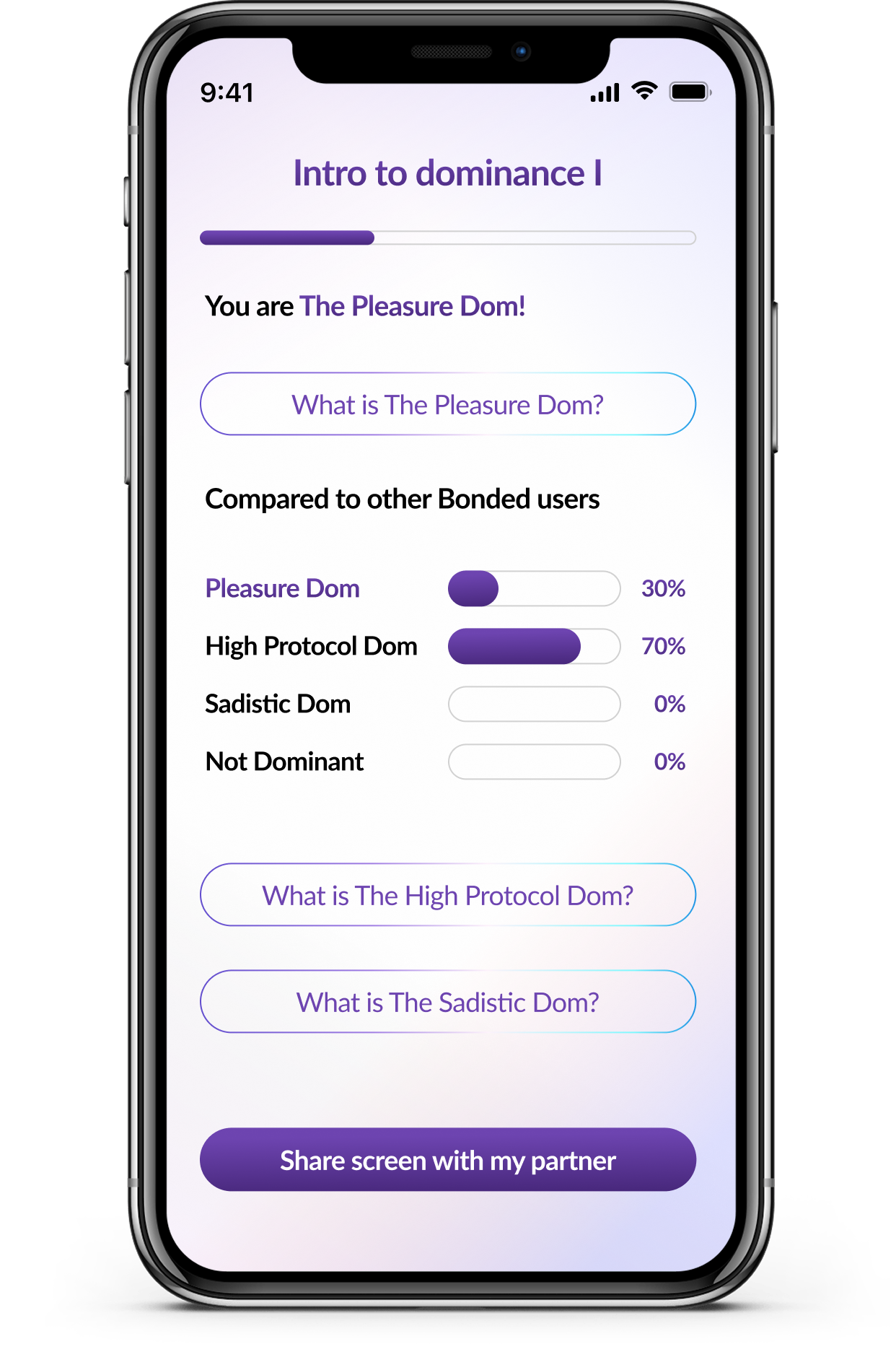 Smartphone screen displaying an app with options and statistics related to dominance types, including Pleasure Dom, High Protocol Dom, Sadistic Dom, and Not Dominant.