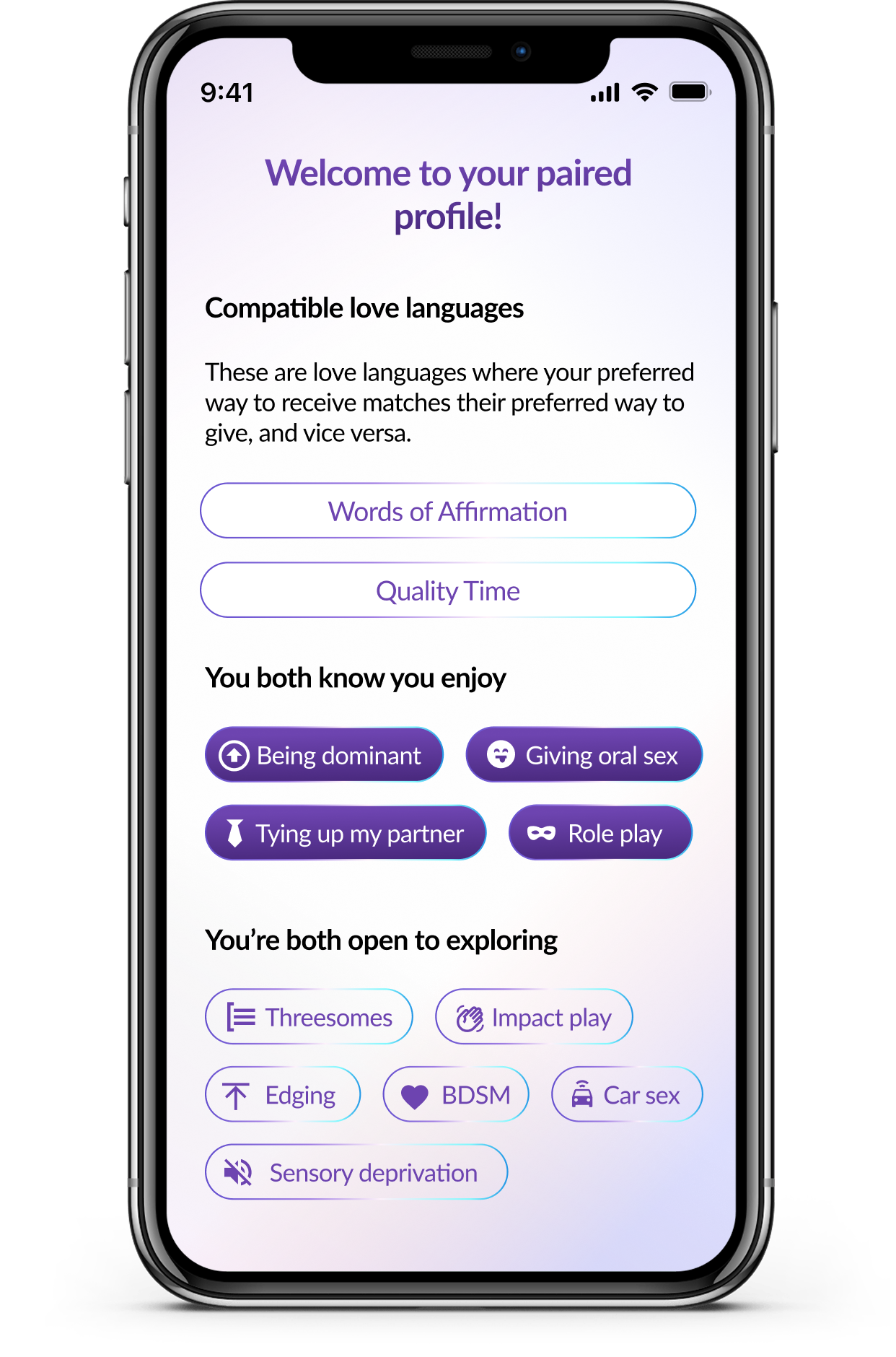 Mobile app screen showing a woman’s paired profile with options for love languages, preferences, and interests including words of affirmation, quality time, being dominant, giving oral sex, tying up partner, role play, threesomes, impact play, edging, BDSM, car sex, and sensory deprivation.