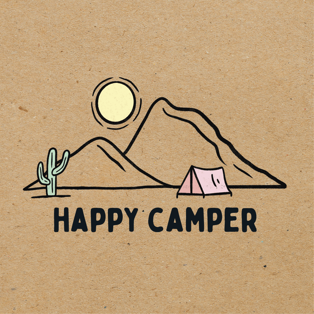 Happy Camper with Mountain Background