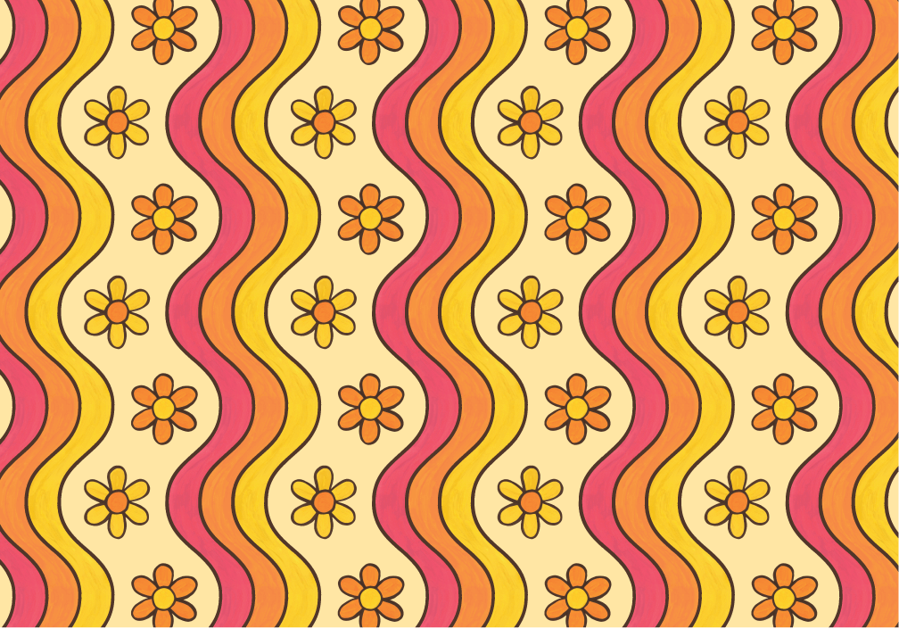 Wavy Lines on Yellow Background with Orange and Yellow Flowers