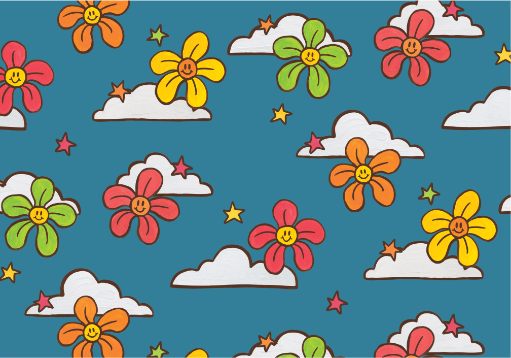 Flowers and Clouds on Blue Background