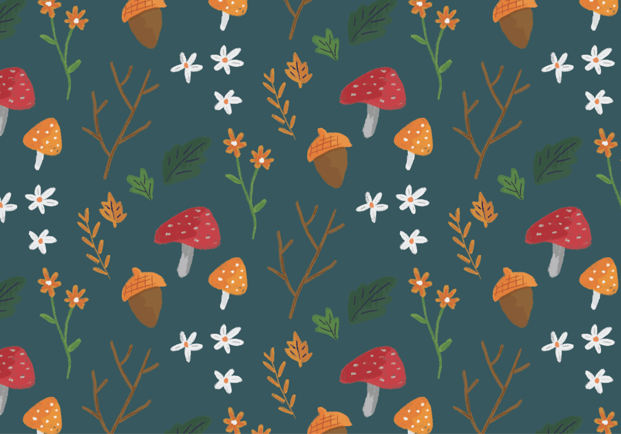 Mushrooms and flora on a teal background