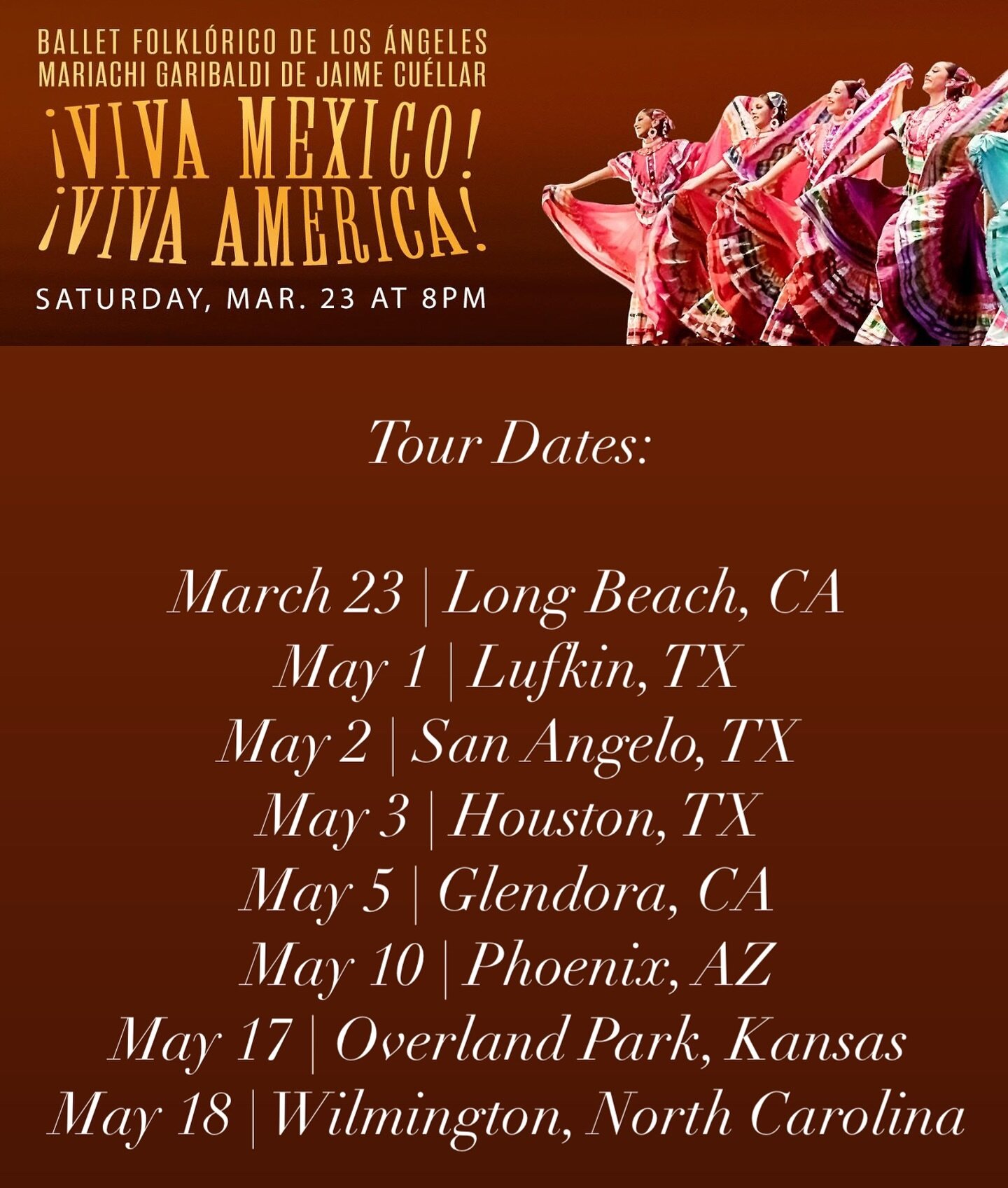 Our Spring Tour is right around the corner! Get your tickets! ✨ &iexcl;Nuestro tour de primavera est&aacute; a la vuelta de la esquina! &iexcl;Consigue tus entradas!

Tickets: https://linktr.ee/balletfolkloricodelosangeles