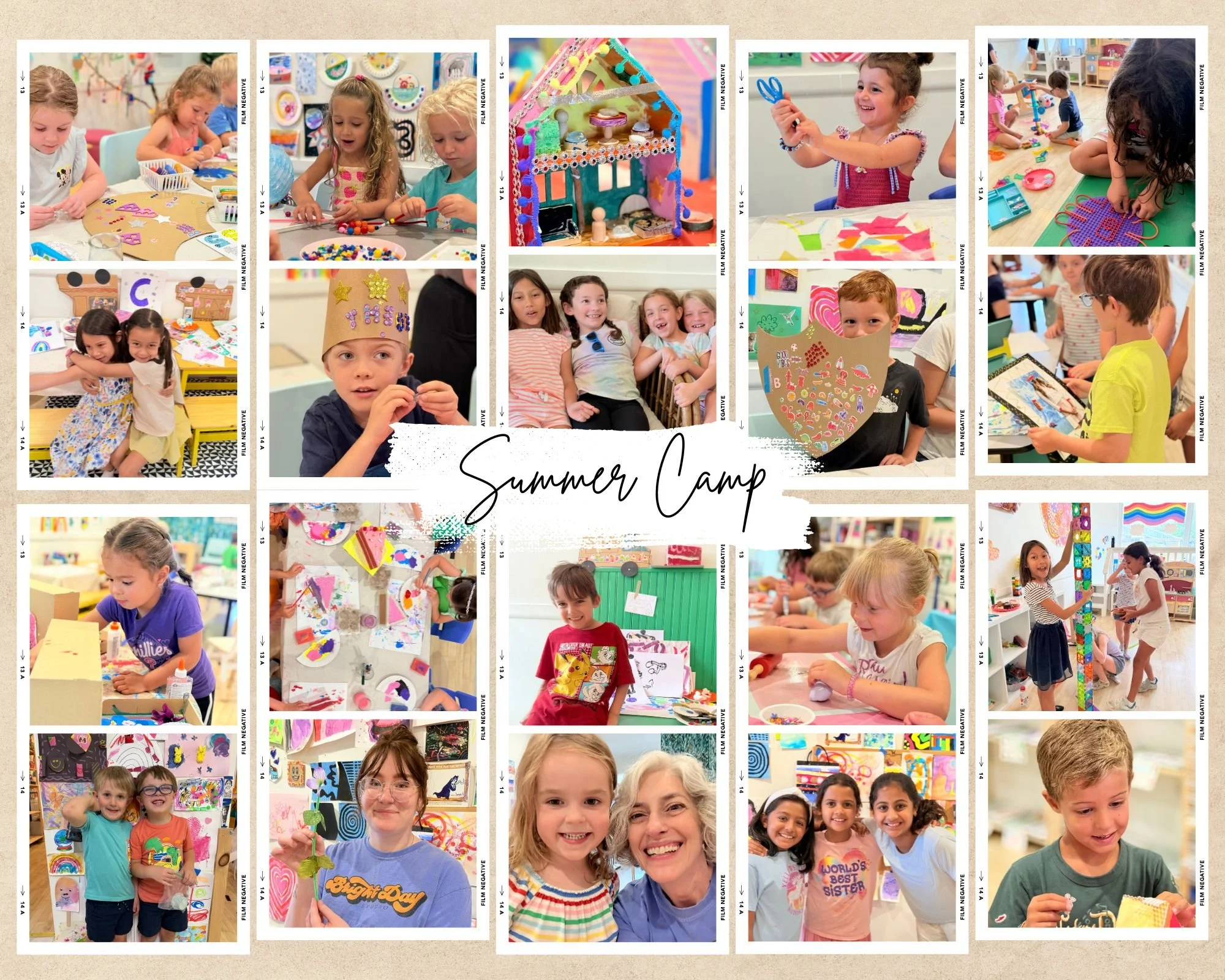 Collage of children participating in arts and crafts activities at summer camp at Bright Day Studio in Paoli, PA.