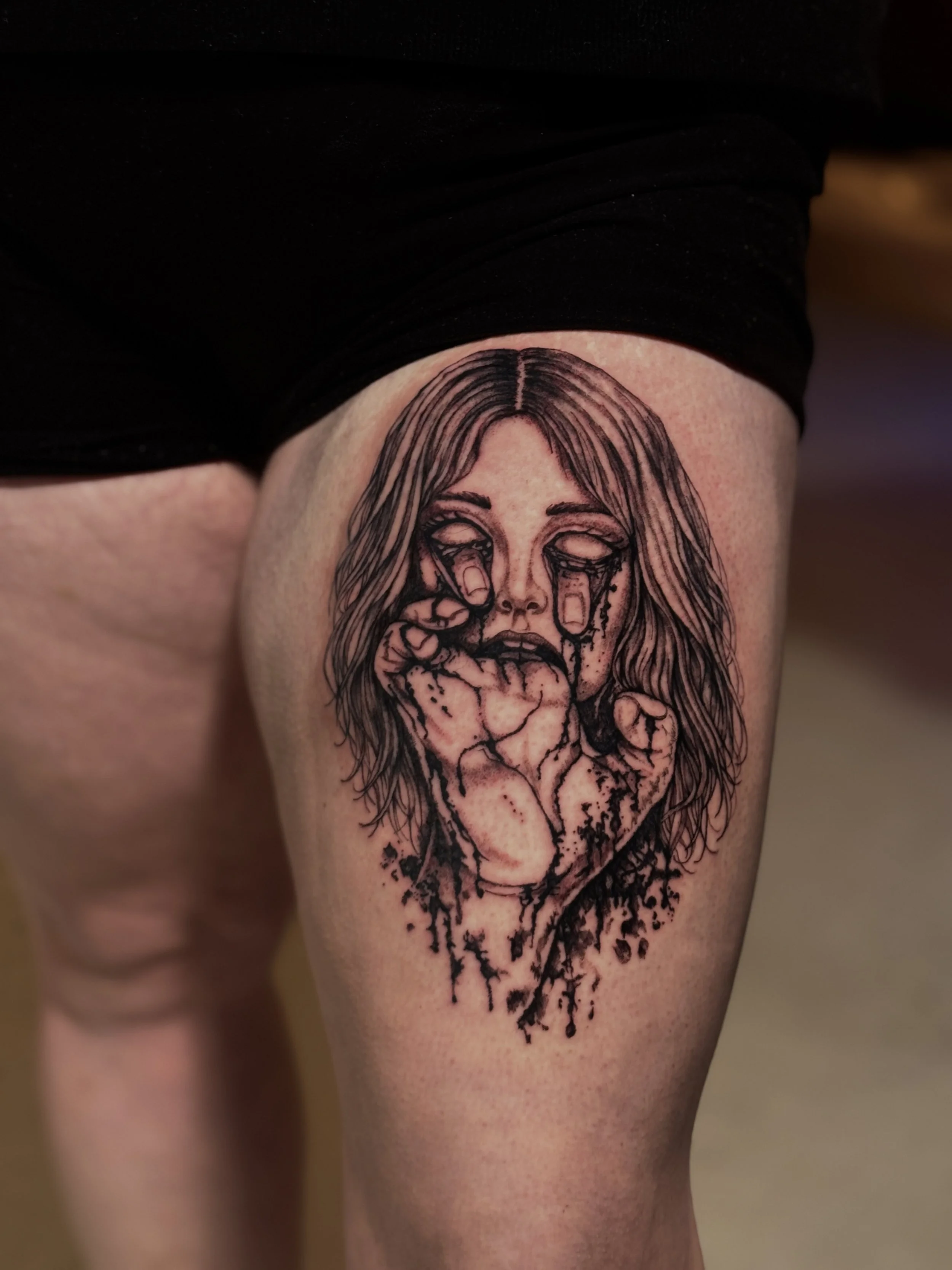 horror face tattoo by Alyssa — Bohemian Social Club Tattoo, Hudson MA