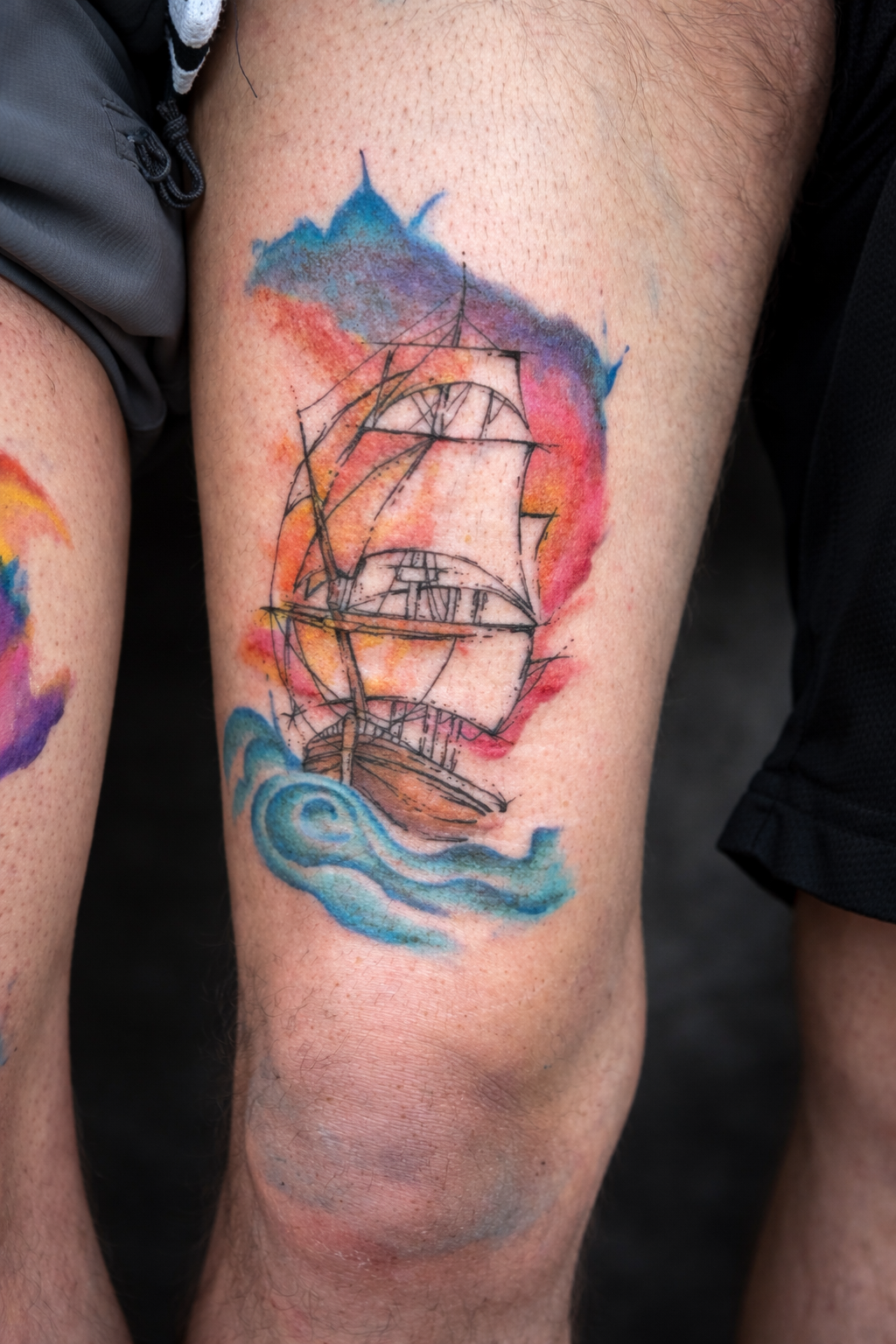 watercolor ship tattoo by Alyssa — Bohemian Social Club Tattoo, Hudson MA