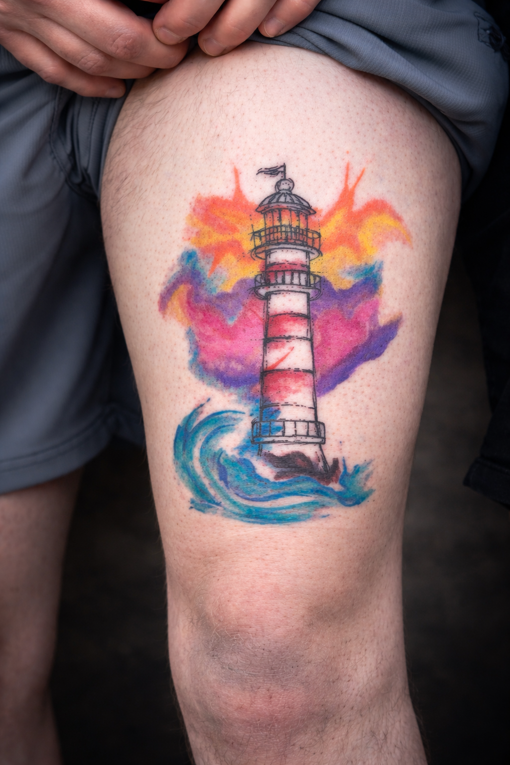 watercolor light house tattoo by Alyssa — Bohemian Social Club Tattoo, Hudson MA