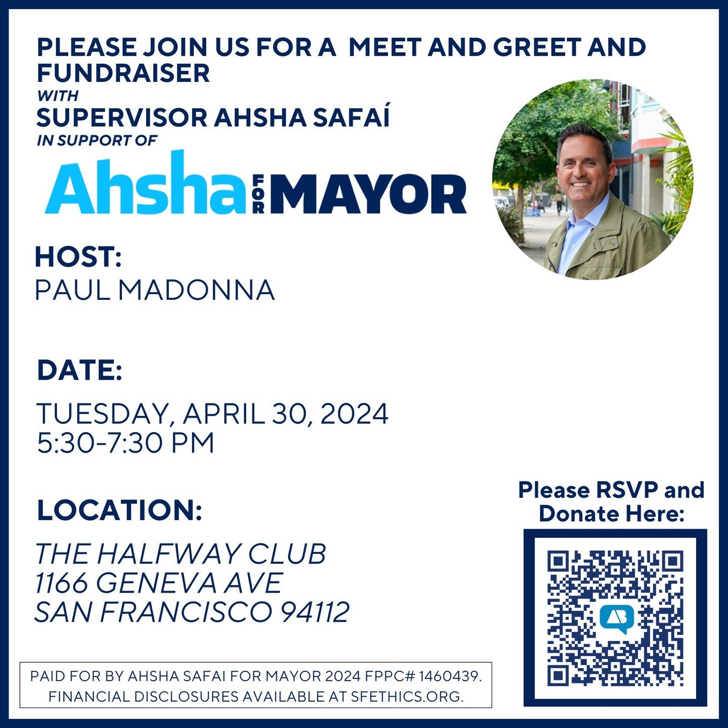 This coming Tuesday is going to be a great day to swing by The Halfway Club!

We're excited to host our District 11 Supervisor and Mayoral Candidate Ahsha Safai for a casual meet and greet event hosted by renowned local artist Paul Madonna. Trivia Tu