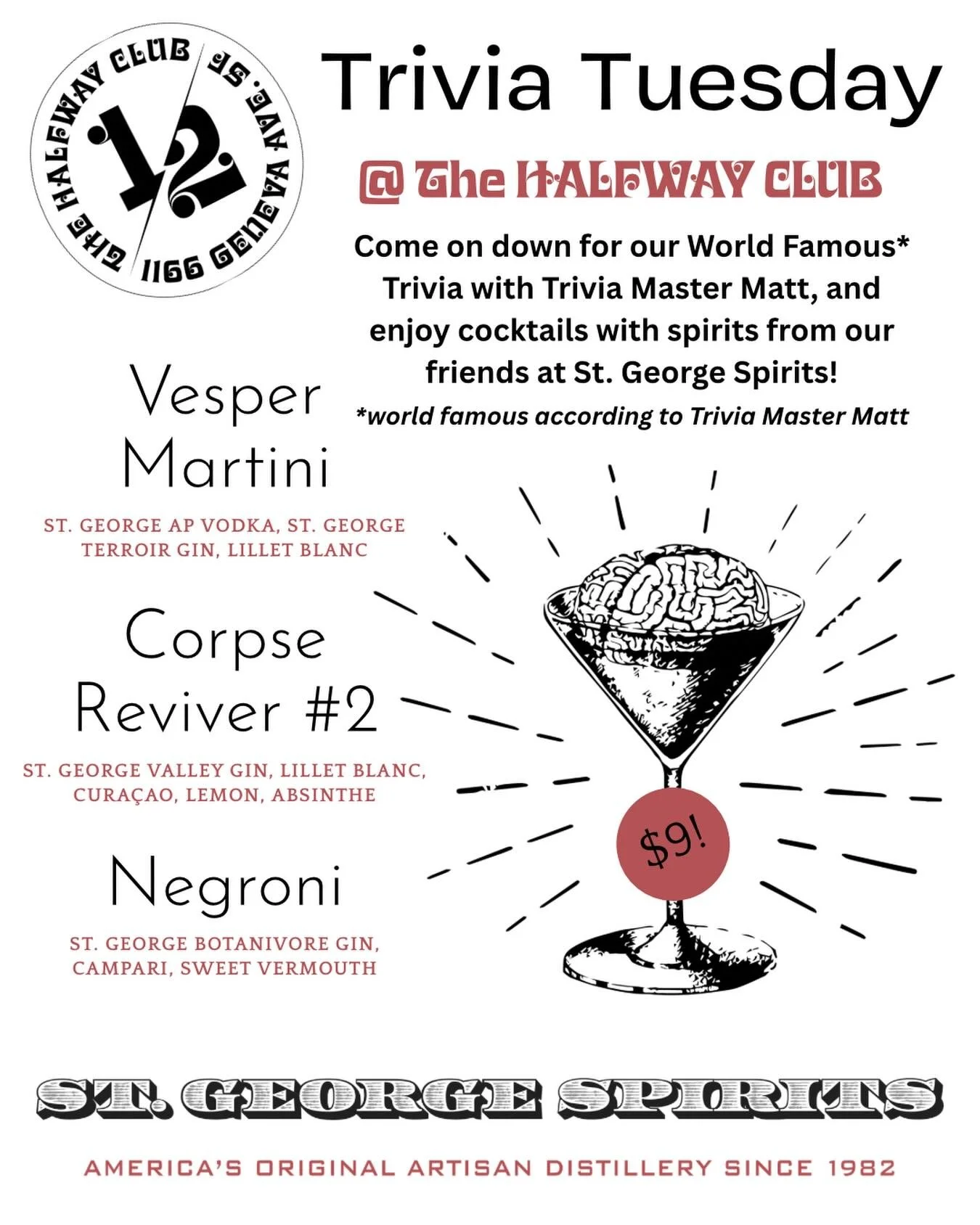 Tonight&rsquo;s trivia is a SPECIAL one- we&rsquo;ve got our buds from @stgeorgespirits in the house! And we&rsquo;re making classic cocktails with their delicious wares for the single digit number of $9! There may even be some boozy questions in the