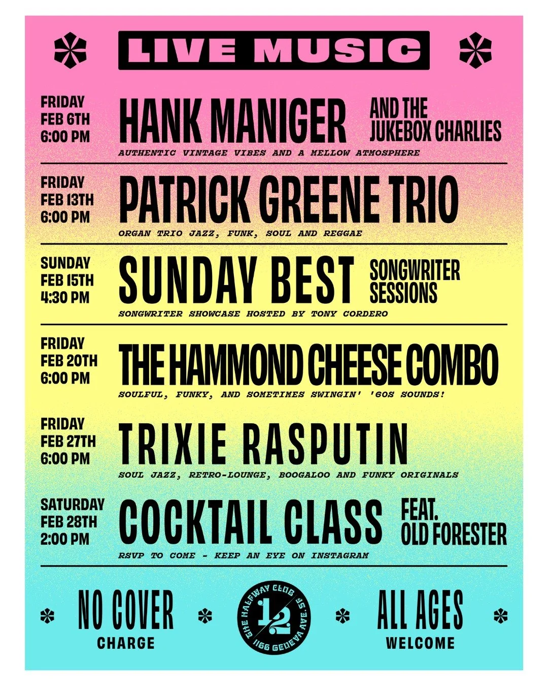 We've got a packed February! A number of friends return to bring the vibes to Friday nights, so mark your calendars!