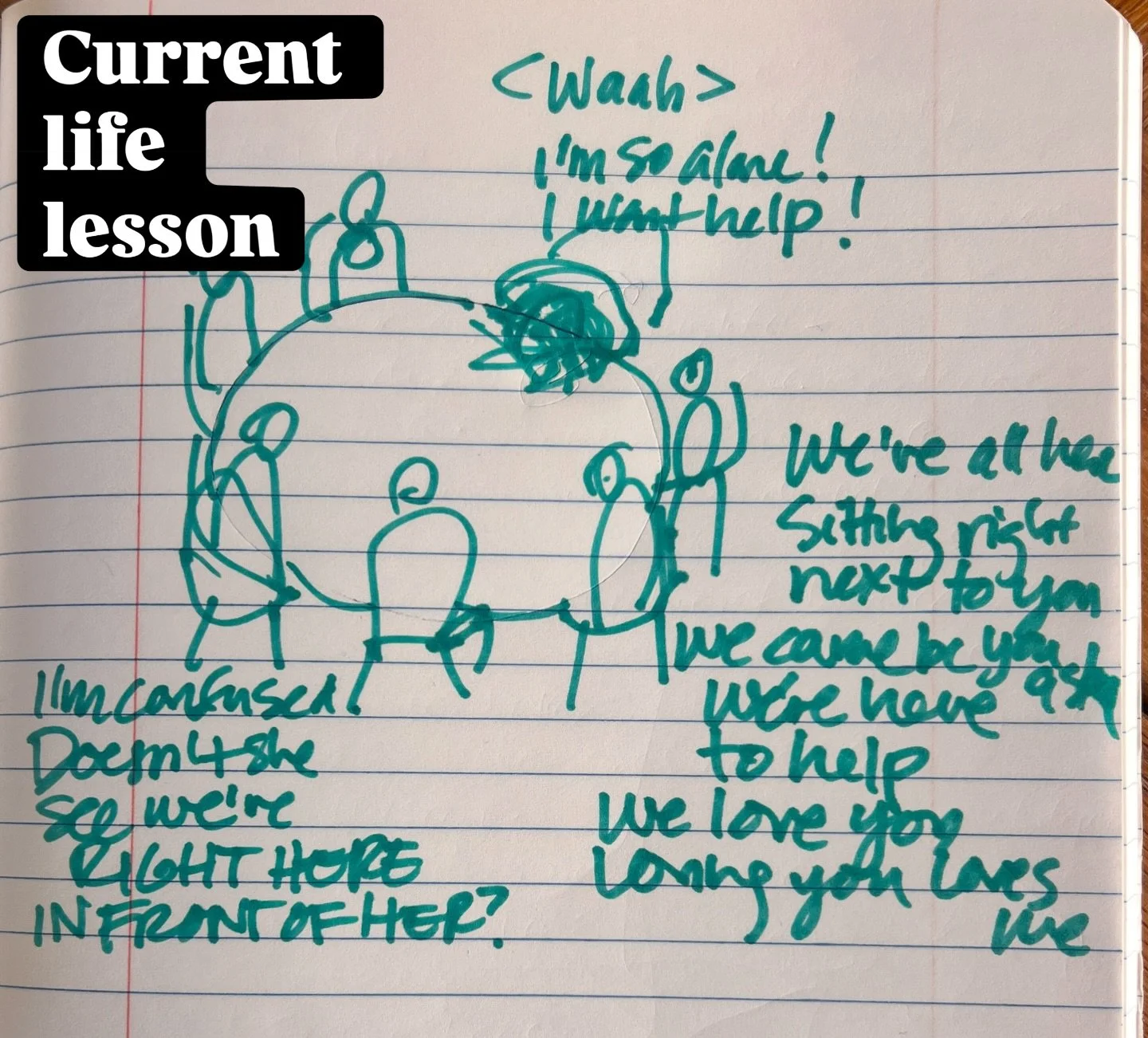 Child Mae needed to be heard, reassured by Adult Mae. Then we could go do the brave things in front of us. 

Here&rsquo;s the image download that describes where I am with this life lesson:

I saw myself crying head down at a table: I&rsquo;m so alon