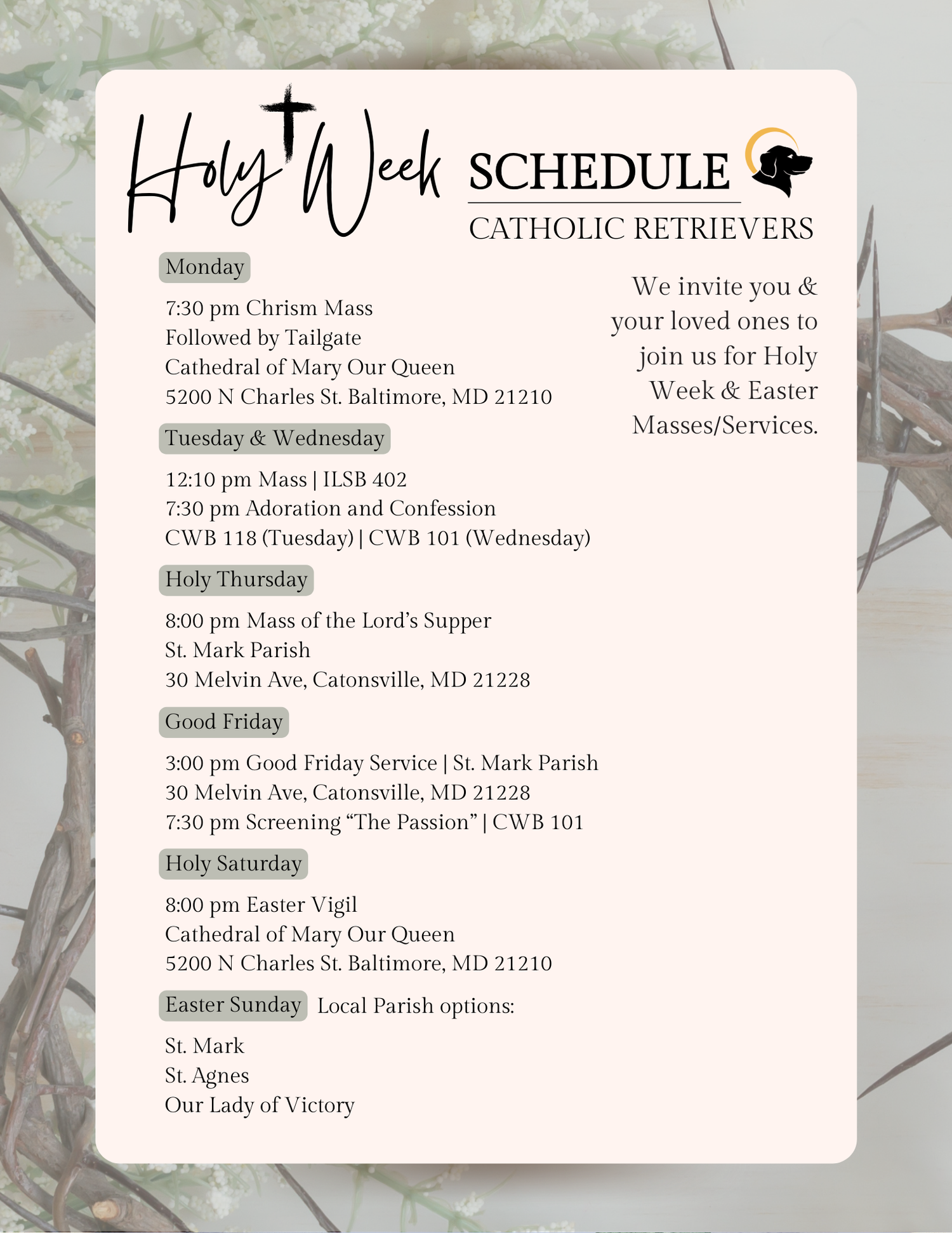 CALENDAR — UMBC Catholic Retrievers