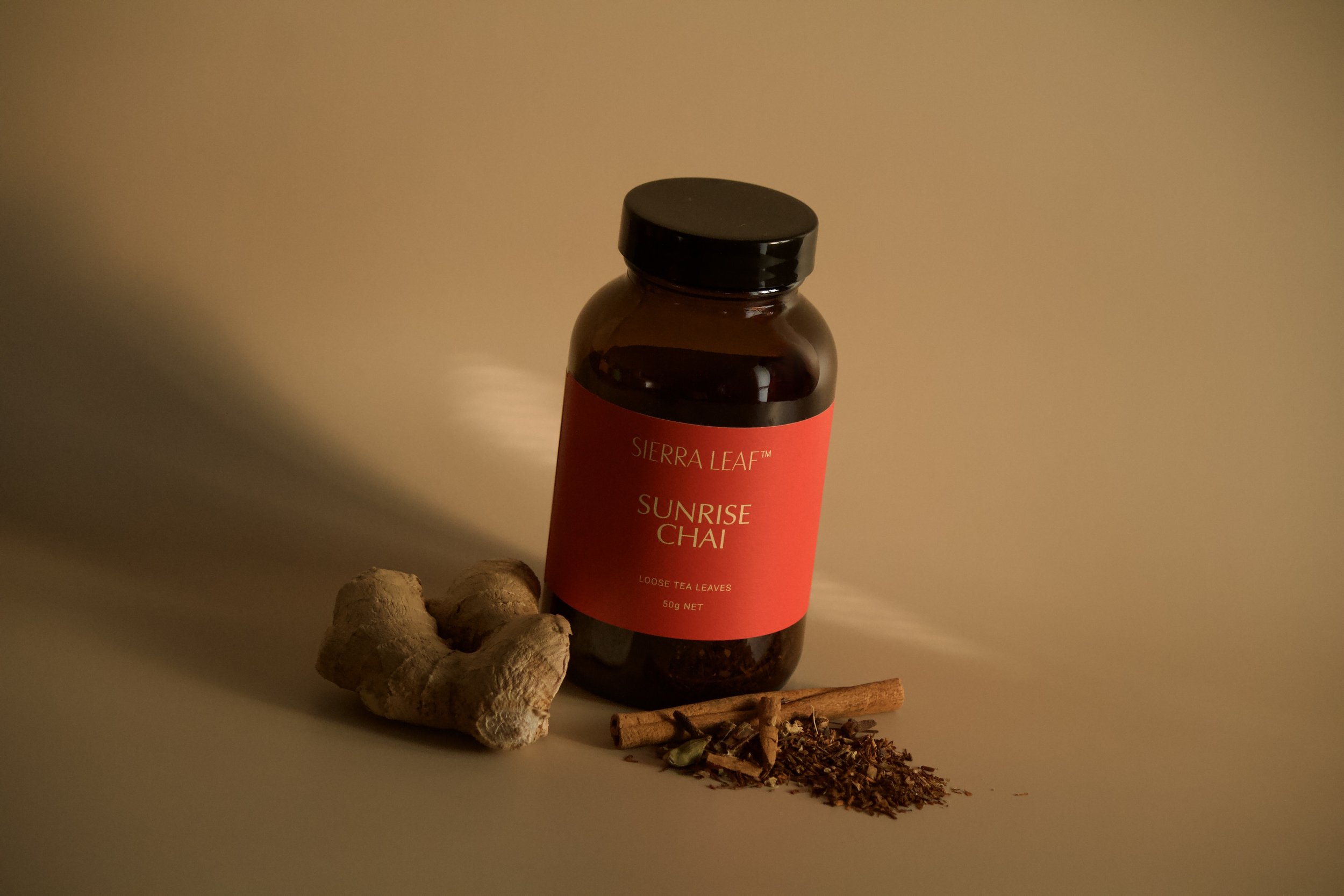 Rooibos chai, caffine-free tea, chai tea, sierra leaf, Australian, sunrise chai, ginger tea, cinnamon tea, caradamon tea