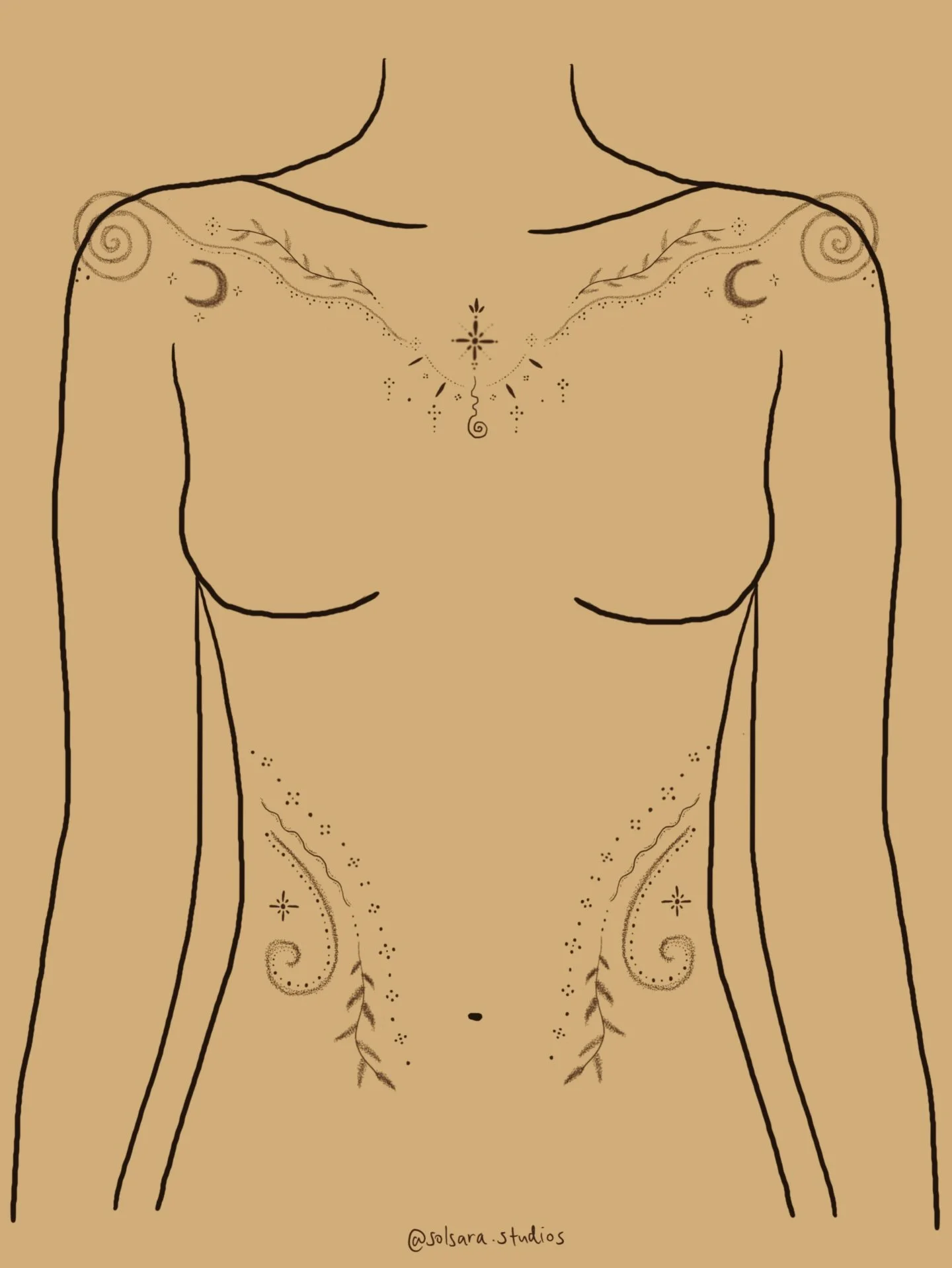 Ornamental body concepts 🌿

Flowing. Intentional. Empowering.

Front body: a fluid design moving from shoulder through heart to hips~ embodiment, devotion, and feminine authority held in the body.

Back body: an upper back piece featuring the eagle 
