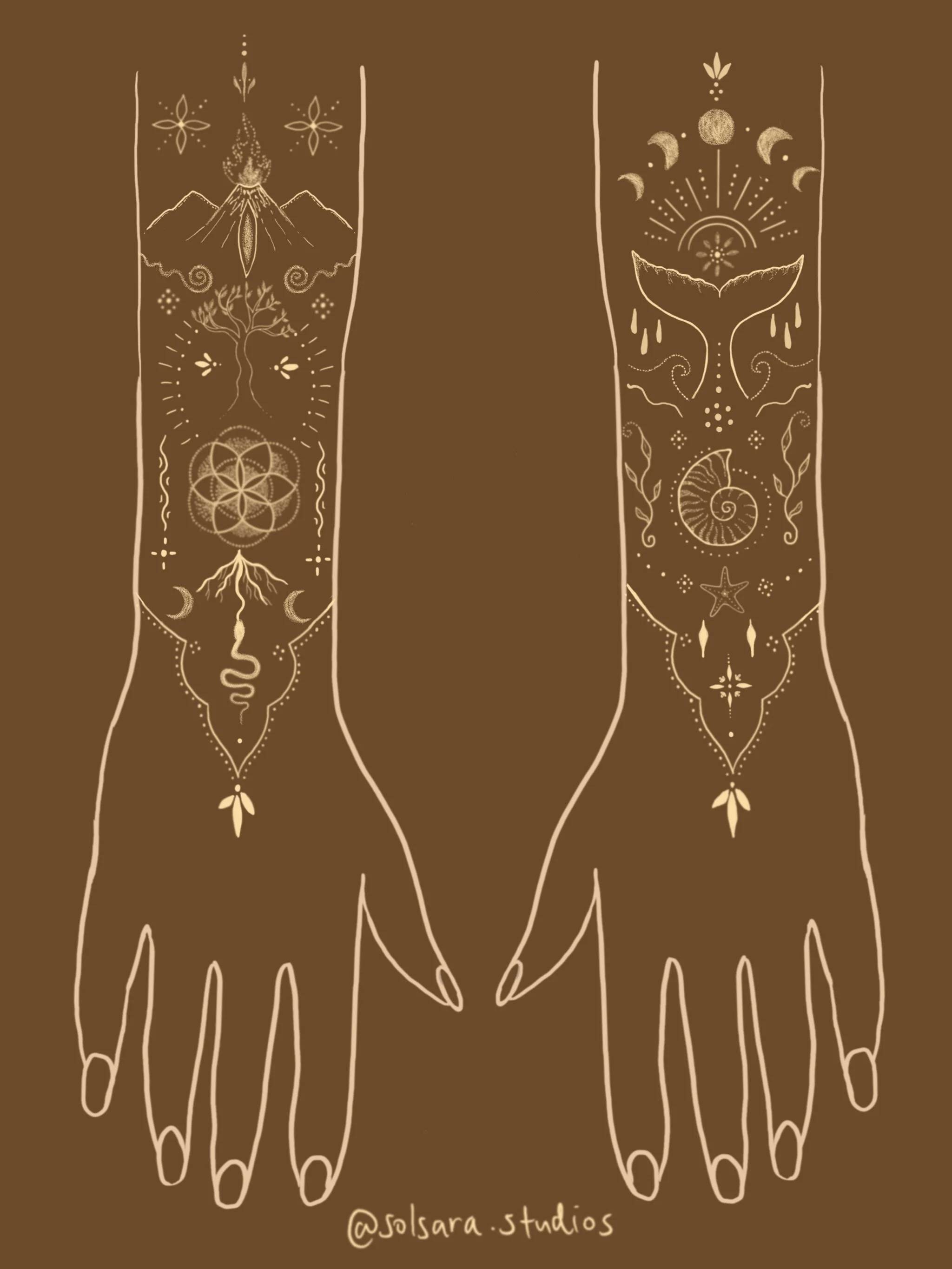 Just created this matching hand totem set! Inspired the intertwining connection of the elements - Earth Wind Fire and Water ✨

These mirrored forearm talismans were designed as portals of remembrance , symbols of intuition, transformation, grounding 