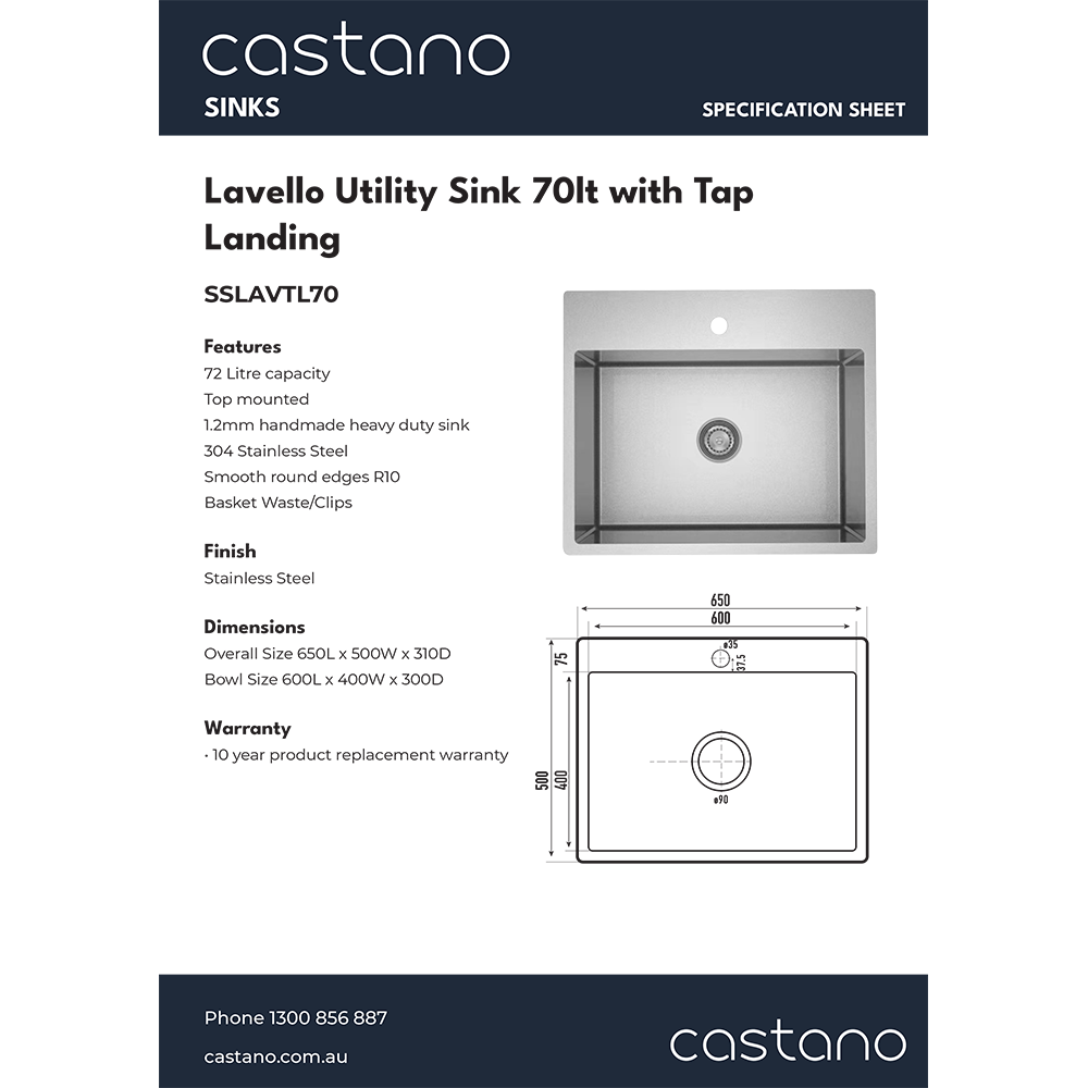 SSLAVTL70 Lavello Utility Sink 70lt with Tap Landing.png