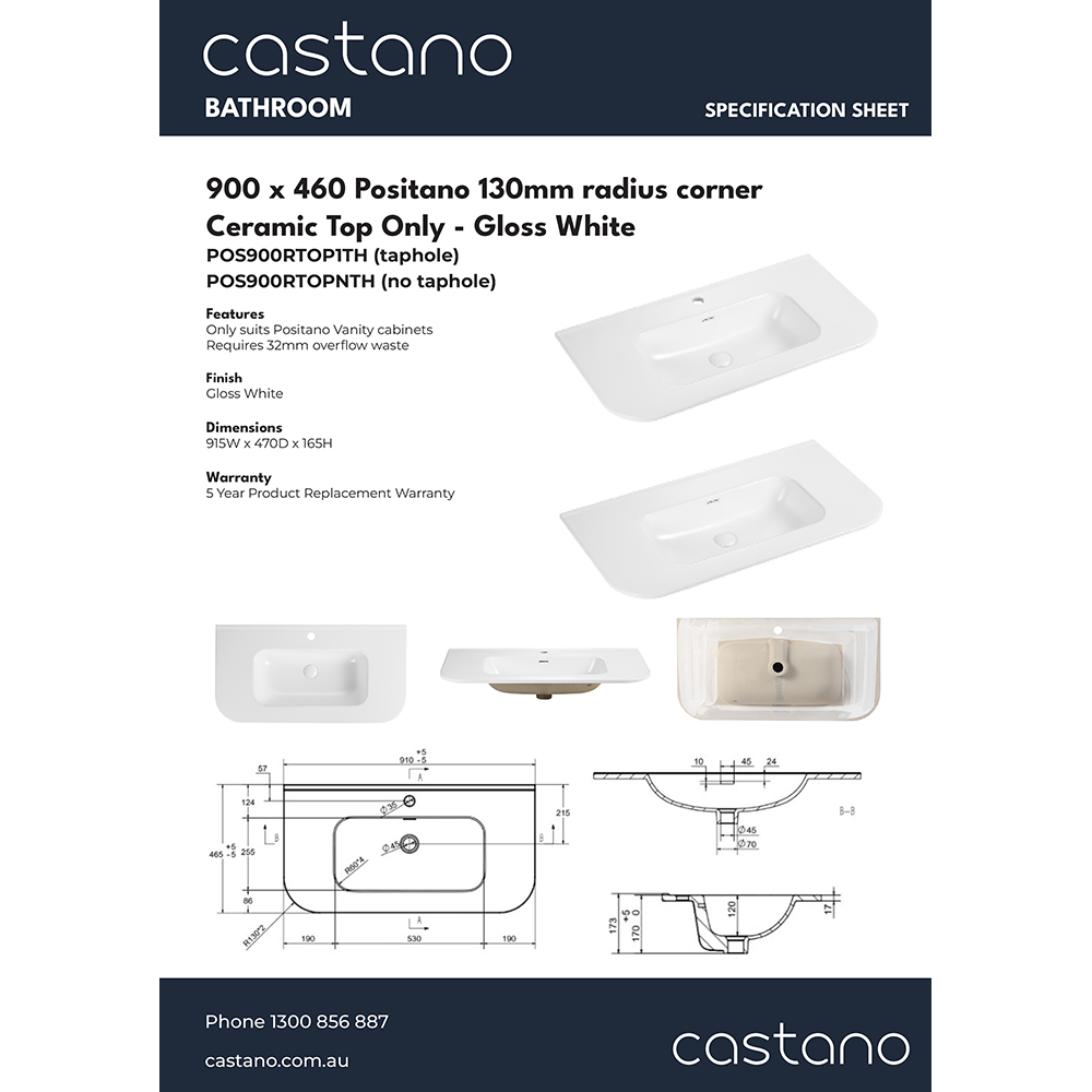 POS900RTOP 900x460 Positano 130mm radius corner Gloss White .png
