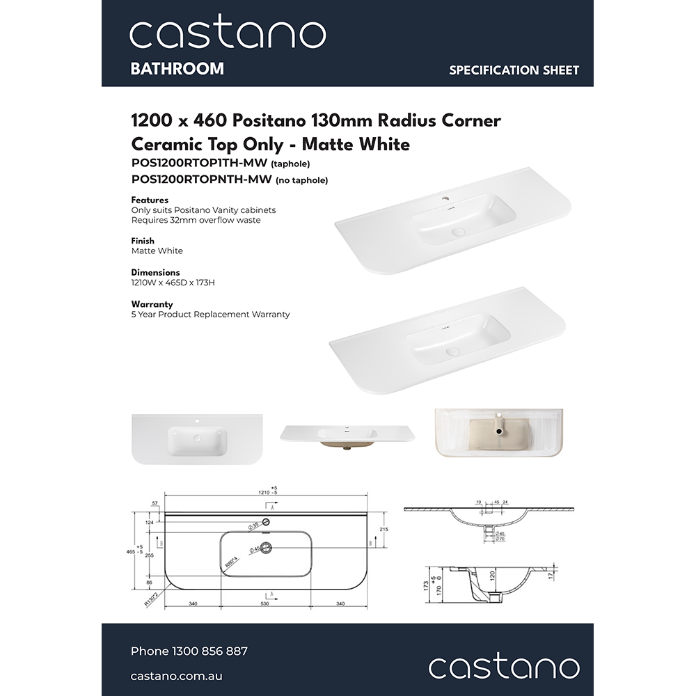 POS1200RTOP 1200x460 Positano 130mm radius corner Matte White.png