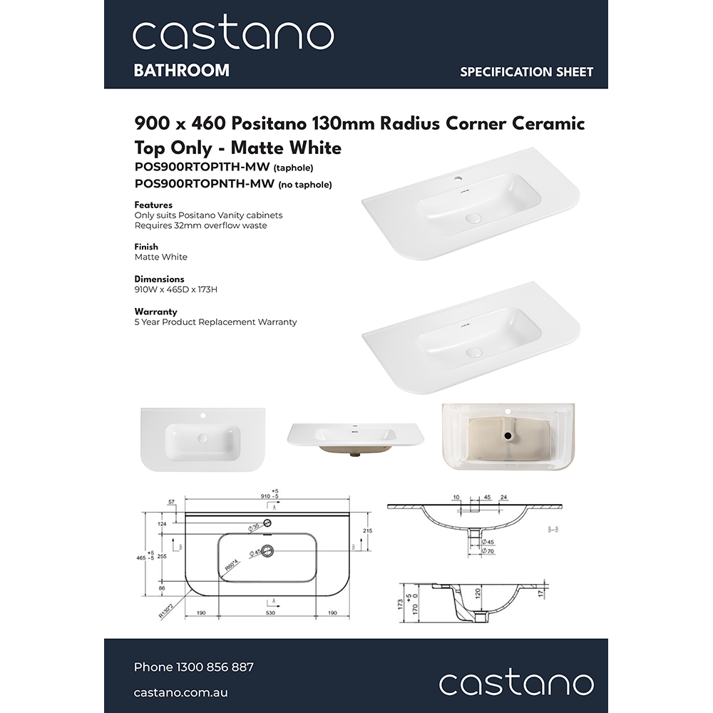 POS900RTOP 900x460 Positano 130mm radius corner Matte White.png