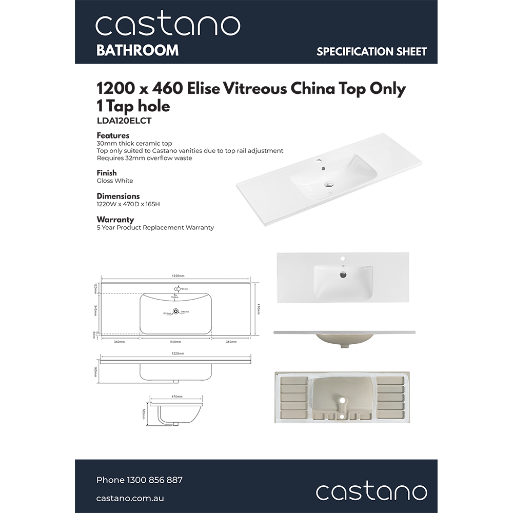 LDA120ELCT 1200 x 460 Elise Vitreous China Top Only - 1 Tap hole.png