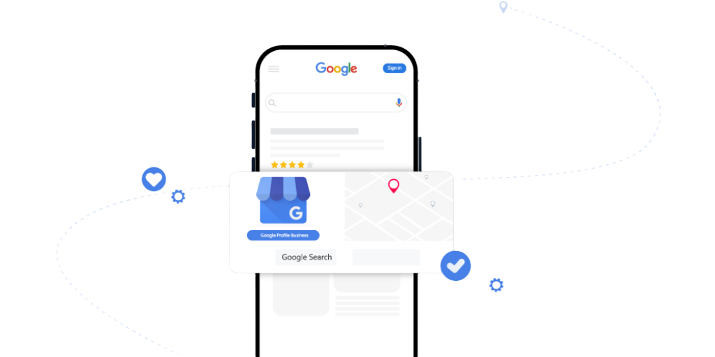 Illustration of a smartphone displaying Google search results, with a Google profile business page for a local store, showing a map and reviews, and floating icons representing location and verification.