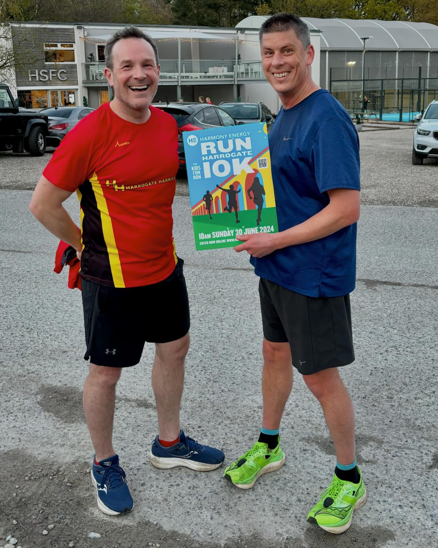 Ben the Chair and Nathan the Membership Secretary proudly showing off the #runharrogate10k boards for this year. Watch out for them on your 🏃🏻&zwj;♂️trots and 🚴&zwj;♀️ travels around Harrogate and beyond!