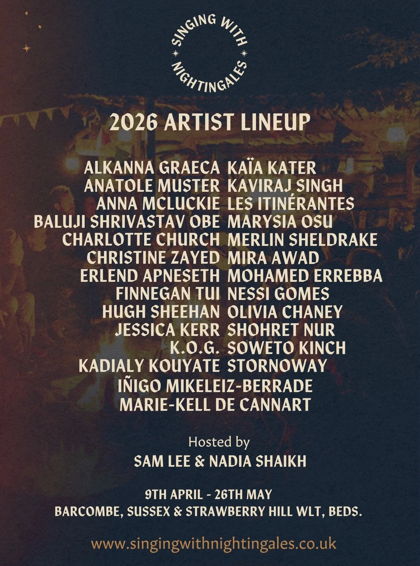 Our first round of names to announce is here and what an unbelievable array of talent we have coming to the woods. 

The Nightingales will be pleased! 💚

New tickets and artists' dates with the birds and host @samleesong are all on our website. 

Hu