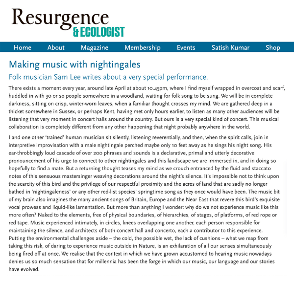 Screenshot of a Resurgence Magazine article written by Sam Lee