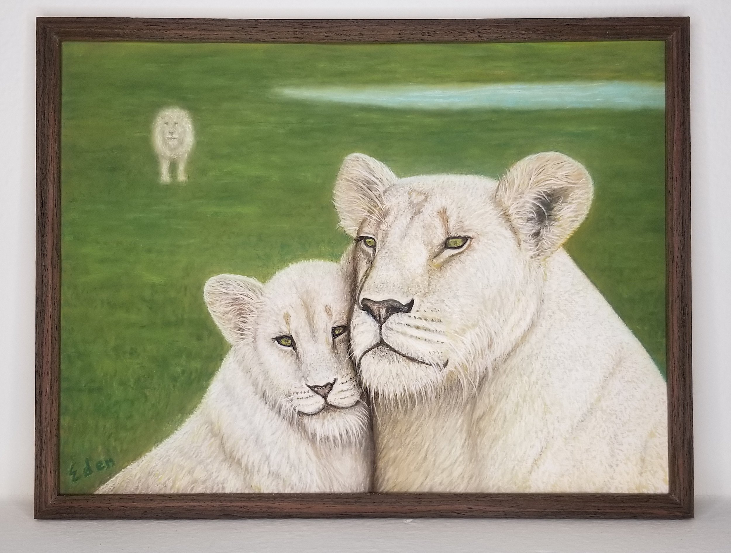“White Lions Family,” 12”x16” framed pastel painting